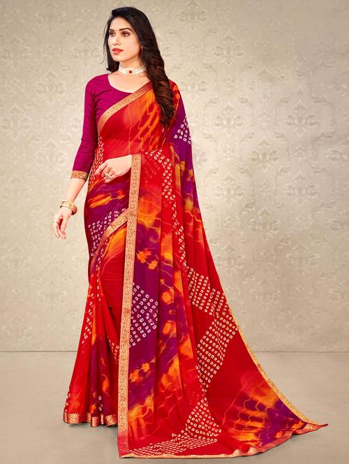 red chiffon bandhani saree - 19513483 - Very Small Image - 1