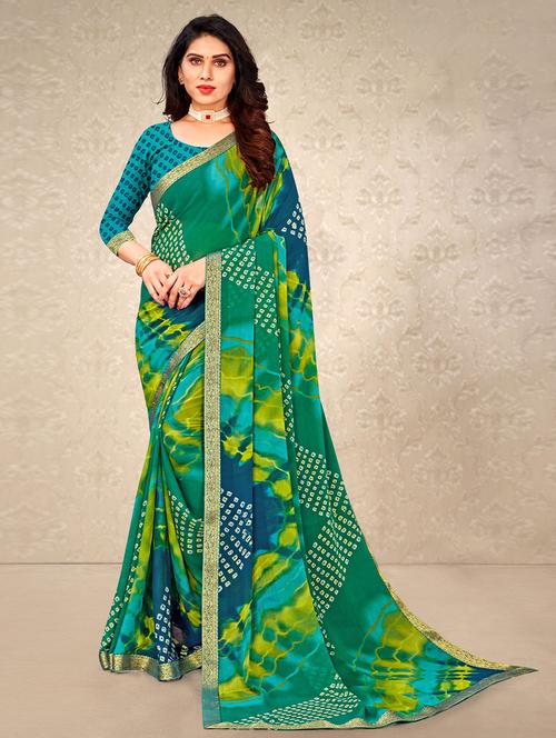 green chiffon bandhani saree - 19513484 - Very Small Image - 1