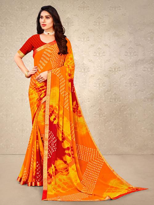 yellow chiffon bandhani saree with blouse - 19513485 - Very Small Image - 1