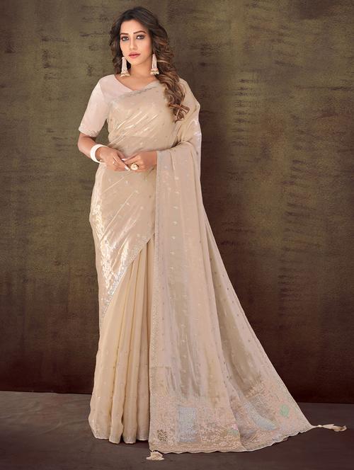 cream organza saree with blouse - 19513534 - Very Small Image - 1