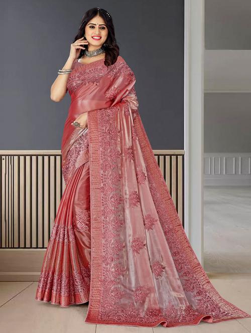 peach self design embroidered saree with blouse - 19513604 - Very Small Image - 1