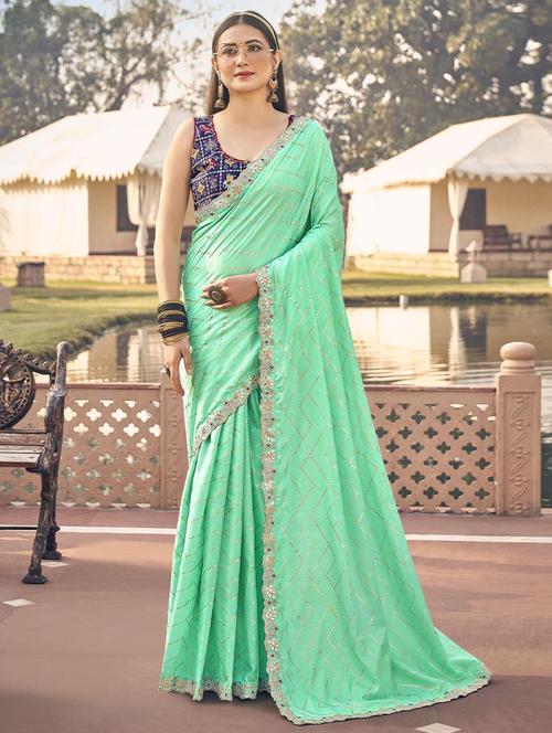 green printed bordered saree with blouse - 19513660 - Very Small Image - 1