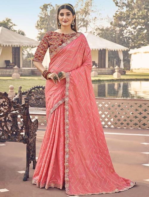 pink printed bordered saree with blouse - 19513661 - Very Small Image - 1
