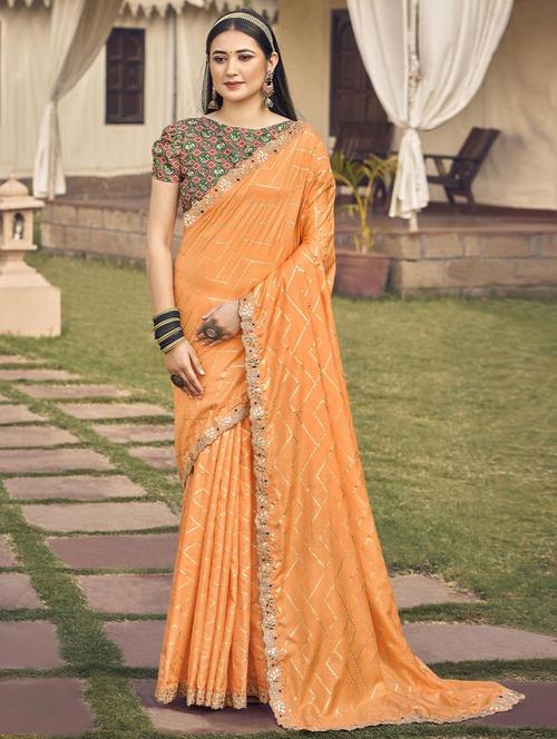 orange printed bordered saree with blouse - 19513663 - Very Small Image - 1