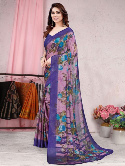 purple printed saree with blouse - 19513669 - Very Small Image - 1