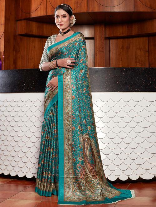 turquoise printed saree with blouse - 19513672 - Very Small Image - 1