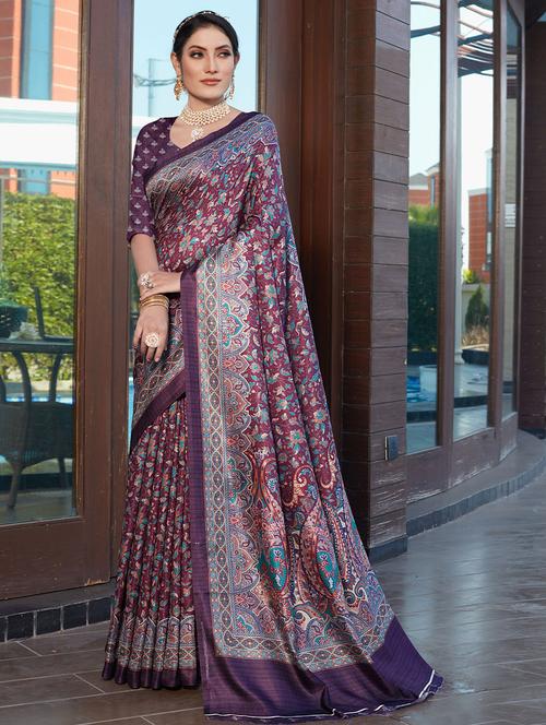 purple printed saree with blouse - 19513677 - Very Small Image - 1