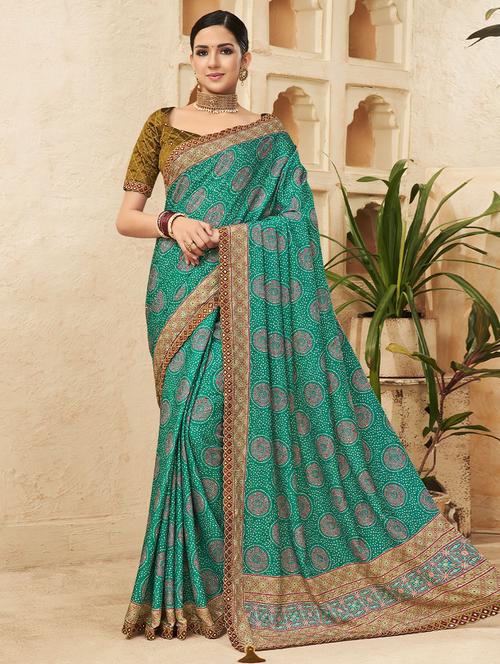 turquoise printed bordered saree with blouse - 19513684 - Very Small Image - 1