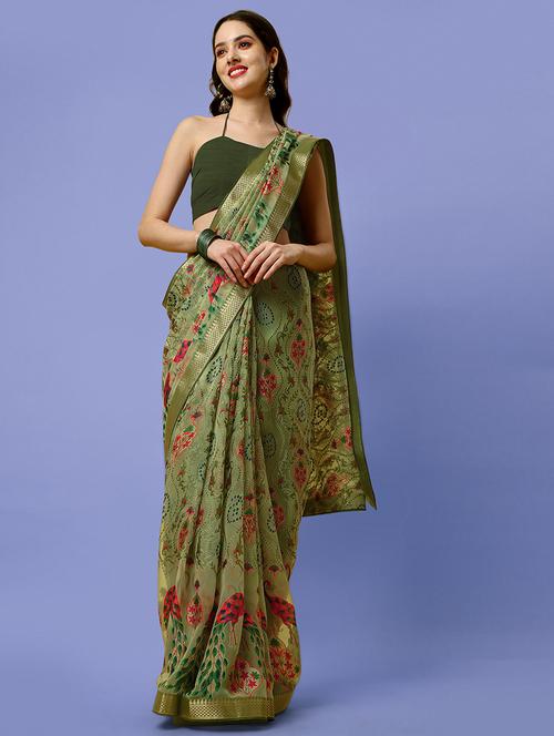 women's kalamkari olive colored saree with blouse - 19514225 - Very Small Image - 1
