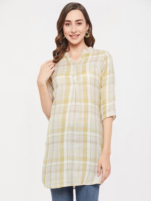 beige checked cotton side slit regular tunic - 19514397 - Very Small Image - 1
