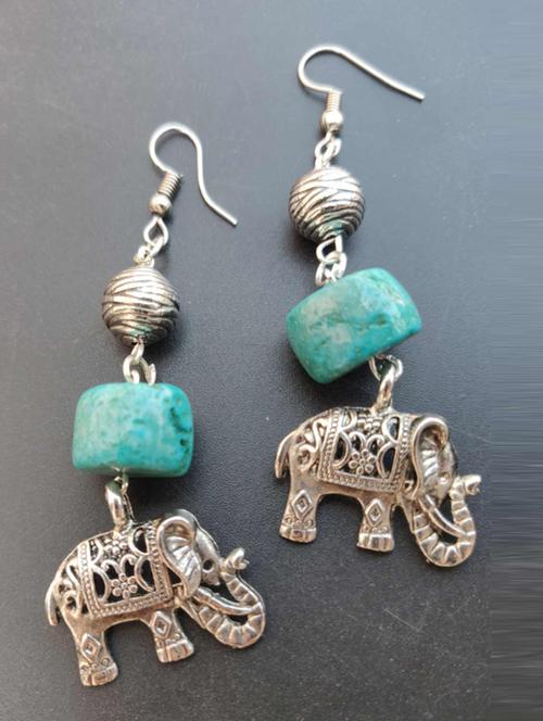 turquoise stone with elephant charm dangler earring - 19514827 - Very Small Image - 1