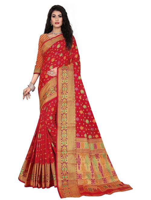red jacquard floral banarasi saree with blouse - 19514869 - Very Small Image - 1