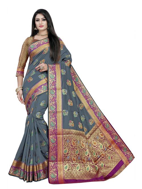 grey art silk floral banarasi saree with blouse - 19514874 - Very Small Image - 1