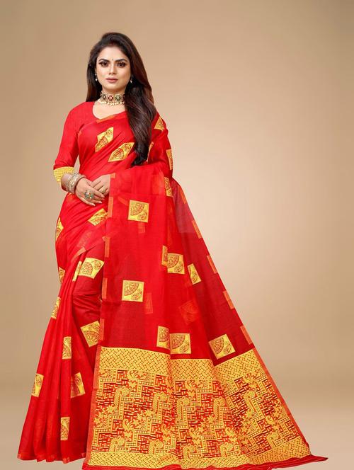 block printed jamdani saree with blouse - 19515660 - Very Small Image - 1