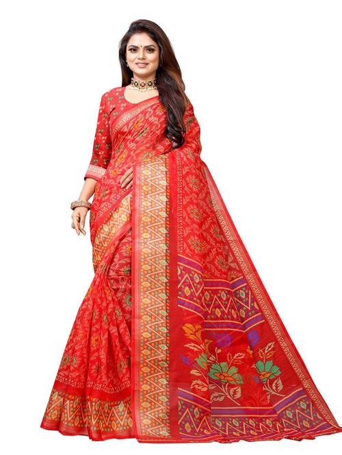 red linen printed banarasi saree with blouse - 19515666 - Very Small Image - 1