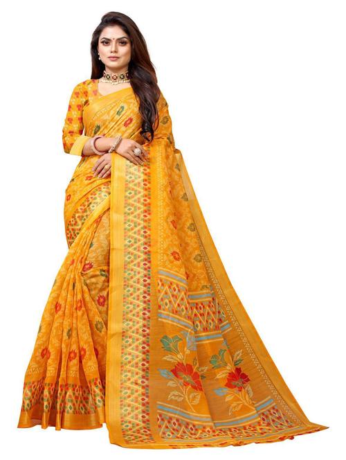 yellow linen printed banarasi saree with blouse - 19515672 - Very Small Image - 1