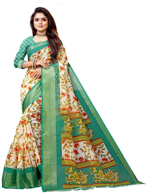 green linen woven printed saree - 19515675 - Very Small Image - 1