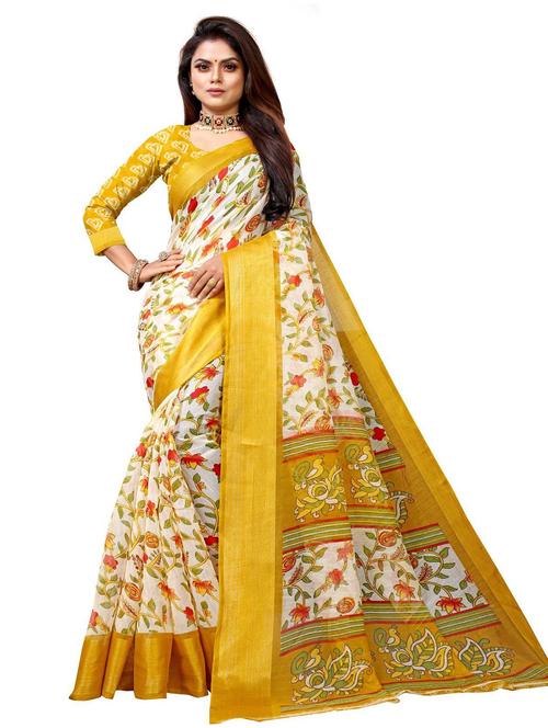 yellow linen woven printed saree with blouse - 19515677 - Very Small Image - 1