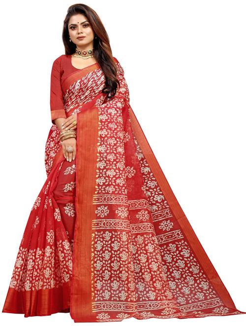 red linen woven printed saree with blouse - 19515694 - Very Small Image - 1
