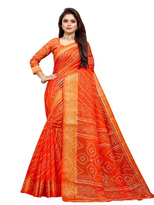 orange linen bandhani saree with blouse - 19515695 - Very Small Image - 1
