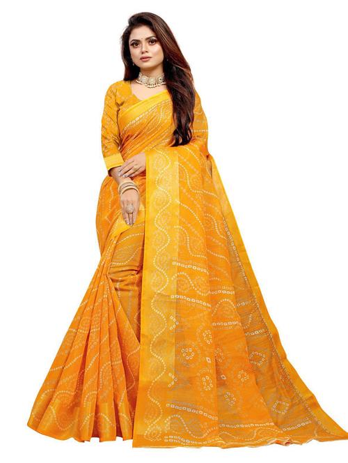 yellow linen bandhani saree with blouse - 19515697 - Very Small Image - 1