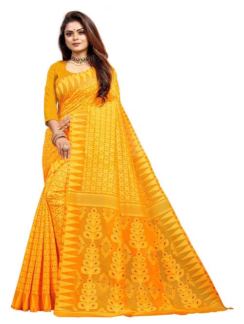 yellow rayon woven printed saree with blouse - 19515737 - Very Small Image - 1