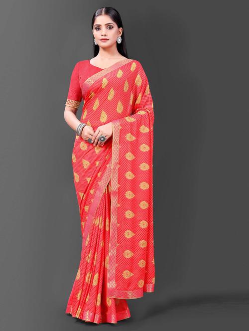 red jacquard woven printed saree with blouse - 19515738 - Very Small Image - 1