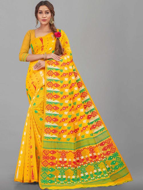 yellow jacquard woven printed saree with blouse - 19515746 - Very Small Image - 1