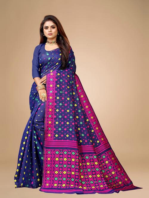 blue linen woven printed saree with blouse - 19515769 - Very Small Image - 1