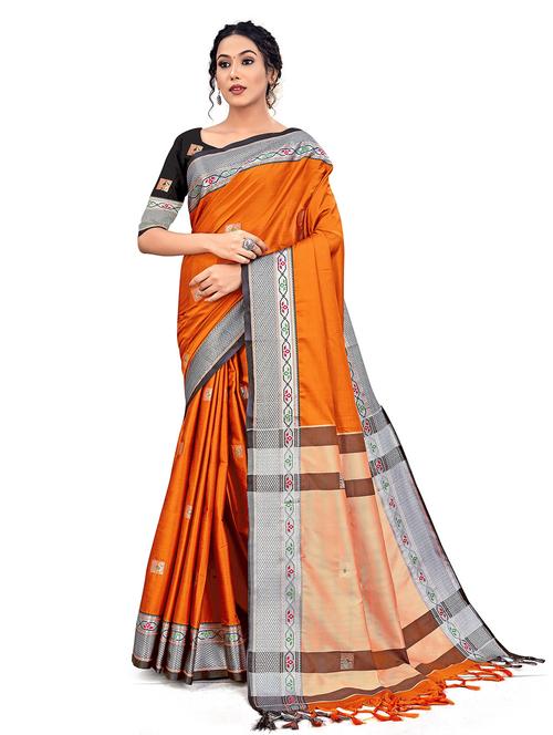 orange silk blend woven saree with blouse - 19515780 - Very Small Image - 1