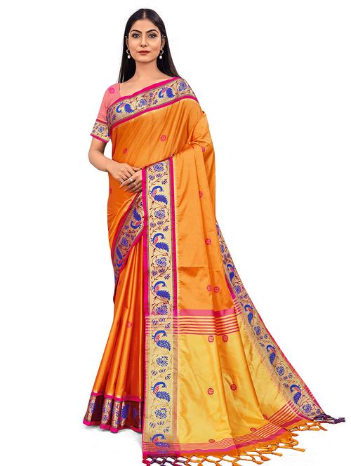 orange silk blend woven saree - 19515784 - Very Small Image - 1