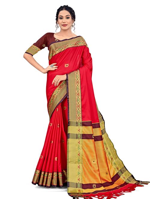 red silk blend woven saree with blouse - 19515800 - Very Small Image - 1