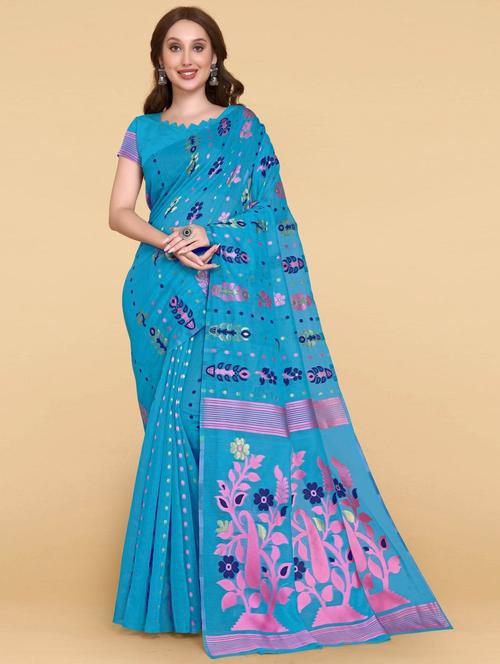 light blue linen jamdani print saree with blouse - 19515834 - Very Small Image - 1