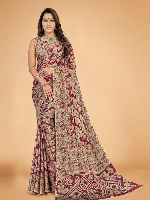 maroon georgette printed saree with blouse - 19515846 - Very Small Image - 1