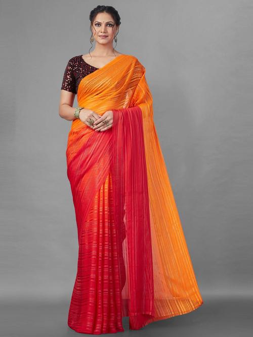 orange silk blend striped saree with blouse - 19515849 - Very Small Image - 1