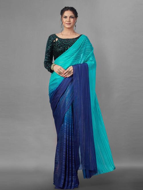 blue silk blend striped saree with blouse - 19515872 - Very Small Image - 1