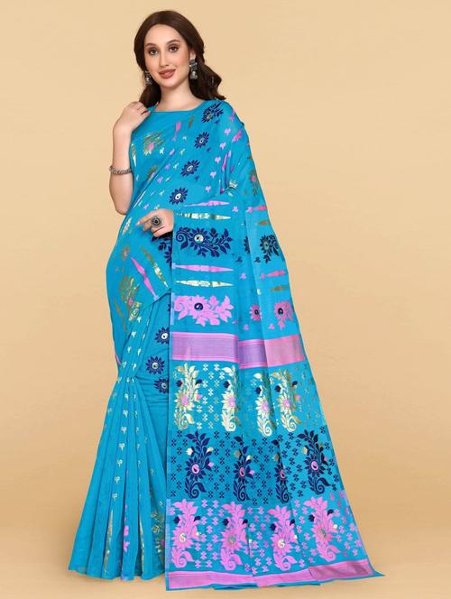 blue linen jamdani print saree with blouse - 19515901 - Very Small Image - 1