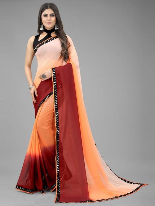 orange georgette self design saree - 19515928 - Very Small Image - 1