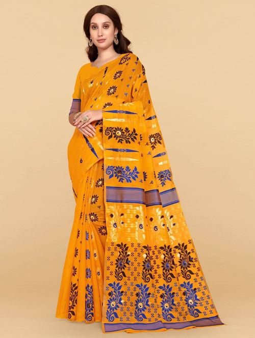 yellow linen jamdani print saree with blouse - 19515962 - Very Small Image - 1