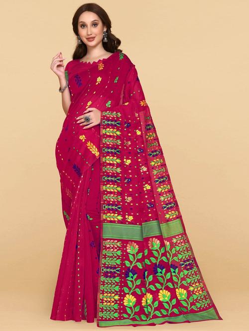 purple linen jamdani print saree - 19515963 - Very Small Image - 1