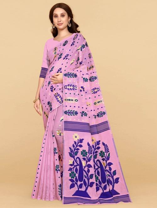 purple linen jamdani print saree with blouse - 19515967 - Very Small Image - 1