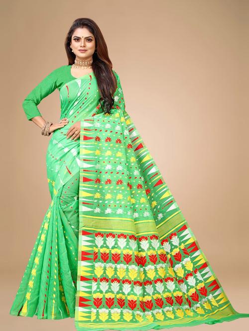 green linen woven print saree with blouse - 19515978 - Very Small Image - 1