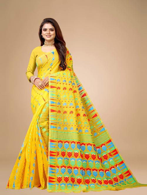 yellow linen woven printed saree with blouse - 19515980 - Very Small Image - 1