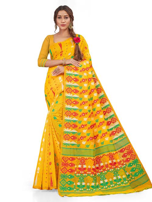 yellow silk blend woven printed saree - 19516018 - Very Small Image - 1