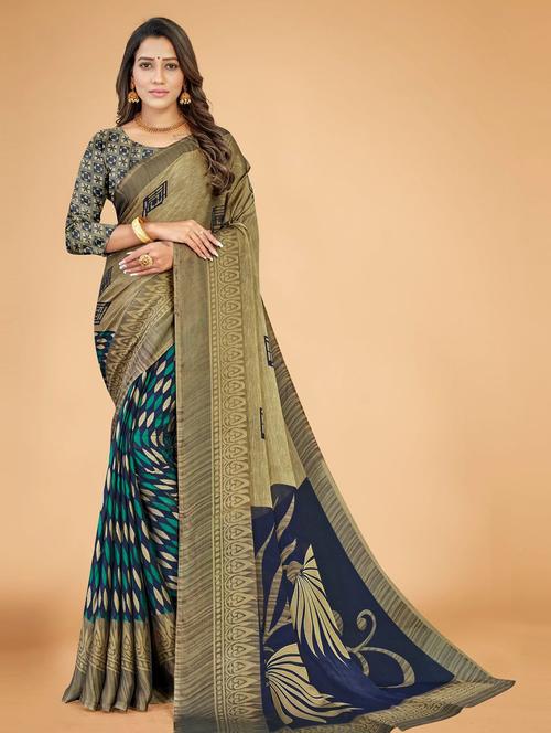 blue georgette woven printed saree with blouse - 19516020 - Very Small Image - 1