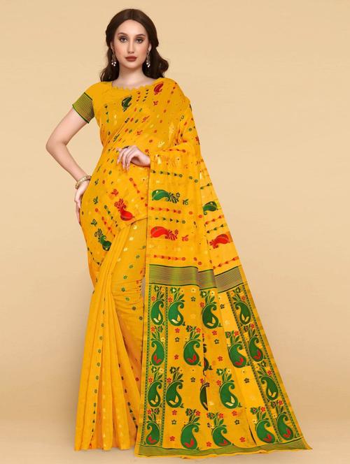 yellow linen woven printed saree - 19516026 - Very Small Image - 1