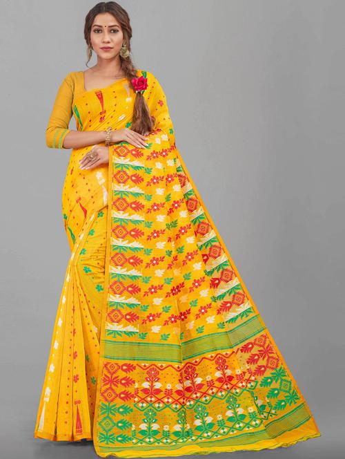 yellow linen woven printed saree with blouse - 19516035 - Very Small Image - 1