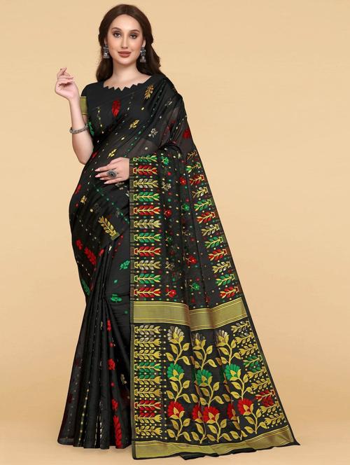 black linen woven printed saree - 19516056 - Very Small Image - 1