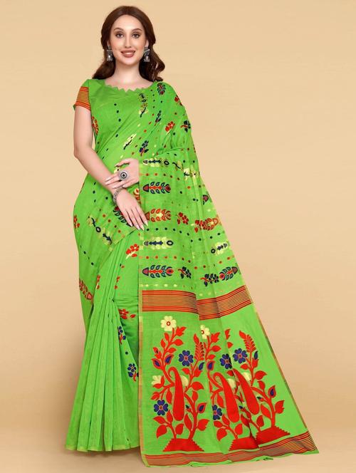 green linen woven printed saree with blouse - 19516067 - Very Small Image - 1