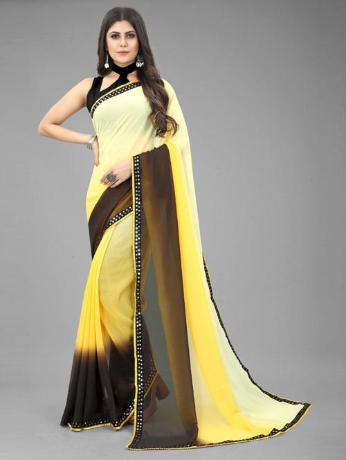 yellow georgette plain saree with blouse - 19516101 - Very Small Image - 1